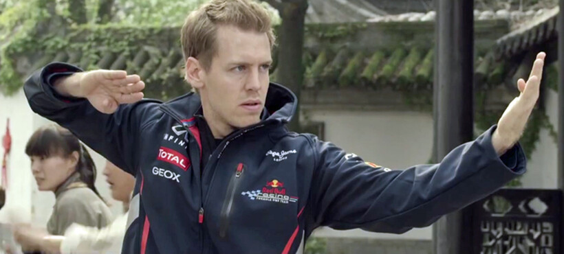 Vettel prepares to unleash his finger of fury in Drive of the Dragon.
