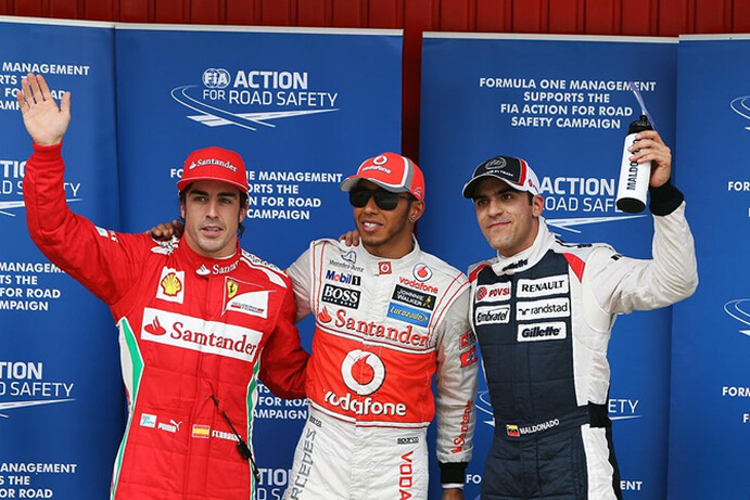 Old adversaries Hamilton (centre) and Alonso (left) will be split by Maldonado.