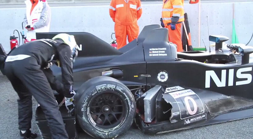 The DeltaWing was running well until it was shunted into a wall by a Toyota.