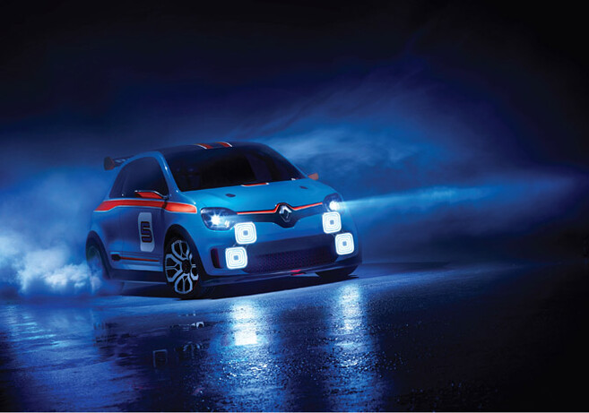 Square rally-style lights show the car