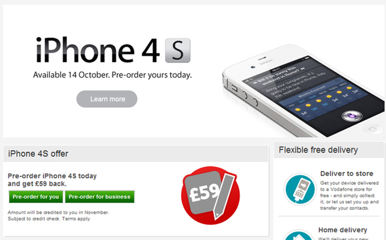 iPhone 4S pre-orders begin on Vodafone: Pre-order today, get £59 cashback in November