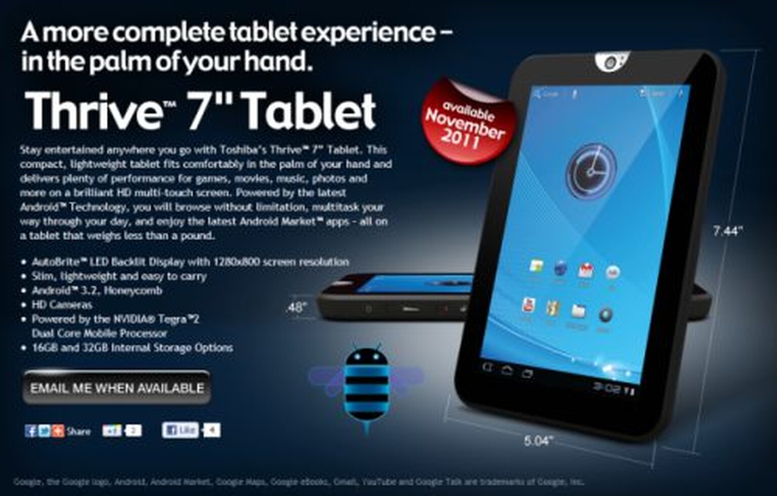 Toshiba introduces 7-inch 'Thrive'  Honeycomb tablet