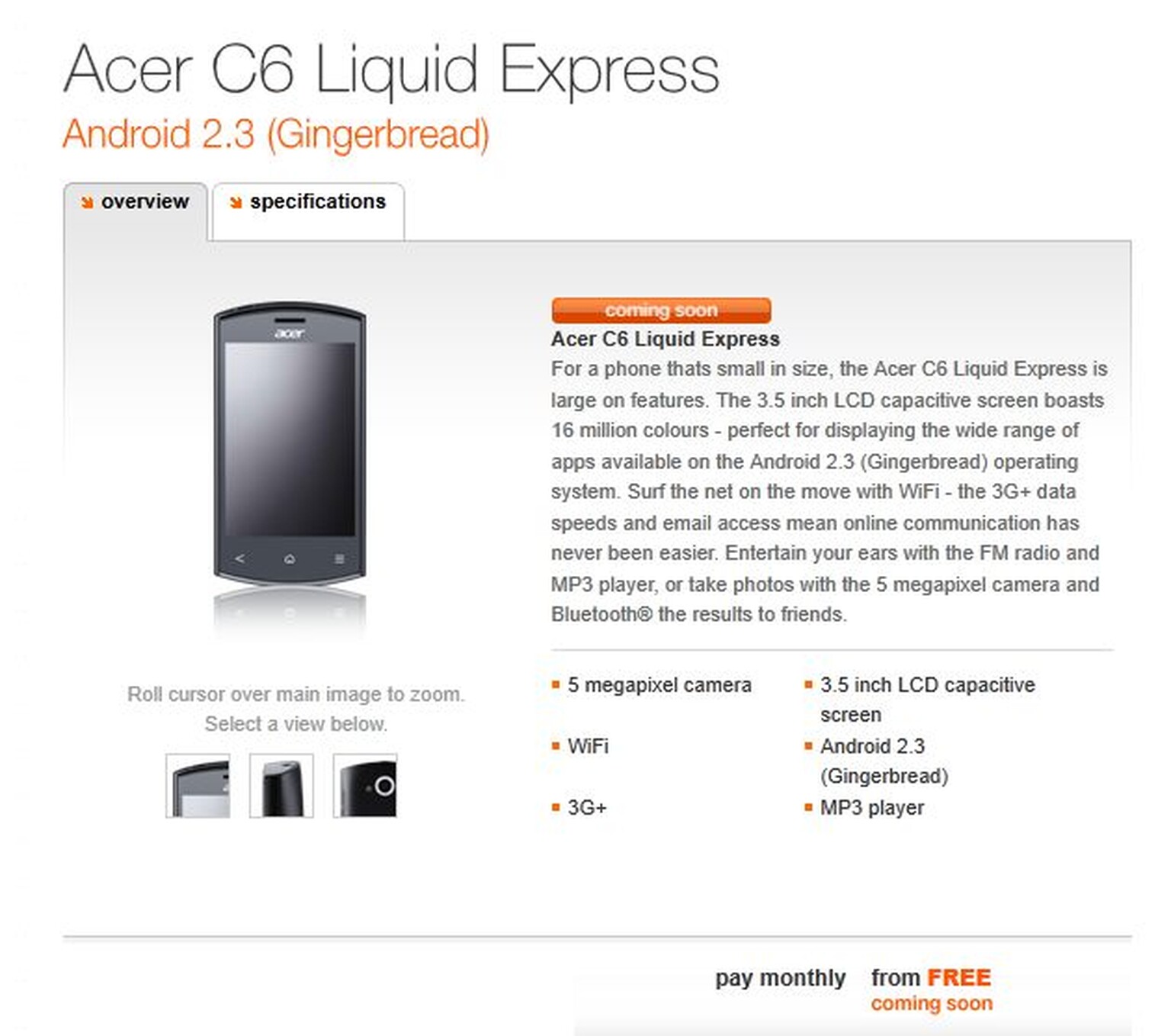 Acer C6 Liquid Express appears on Orange