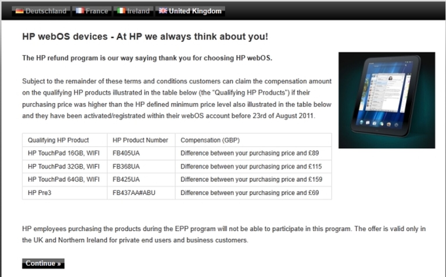 HP TouchPad and Pre 3 customers can claim refund
