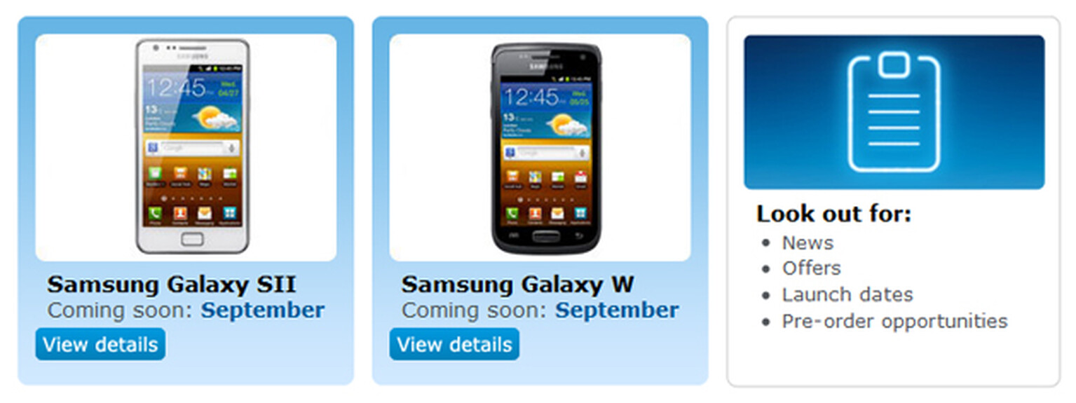 White Samsung Galaxy S2 and Galaxy W appear on O2 Coming Soon