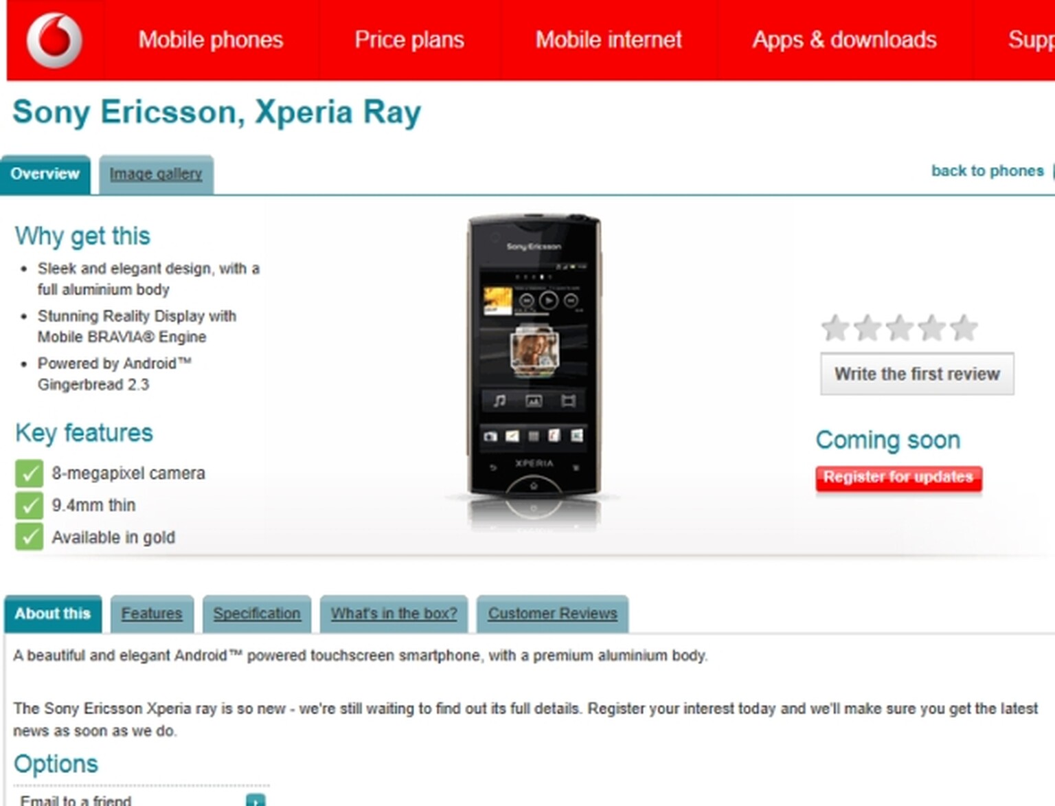 Sony Ericsson Xperia Ray coming to Vodafone