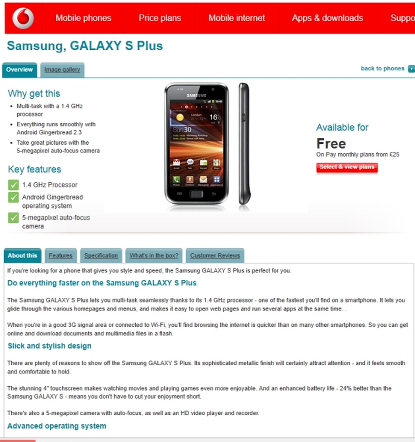 Samsung Galaxy S Plus available from Vodfone