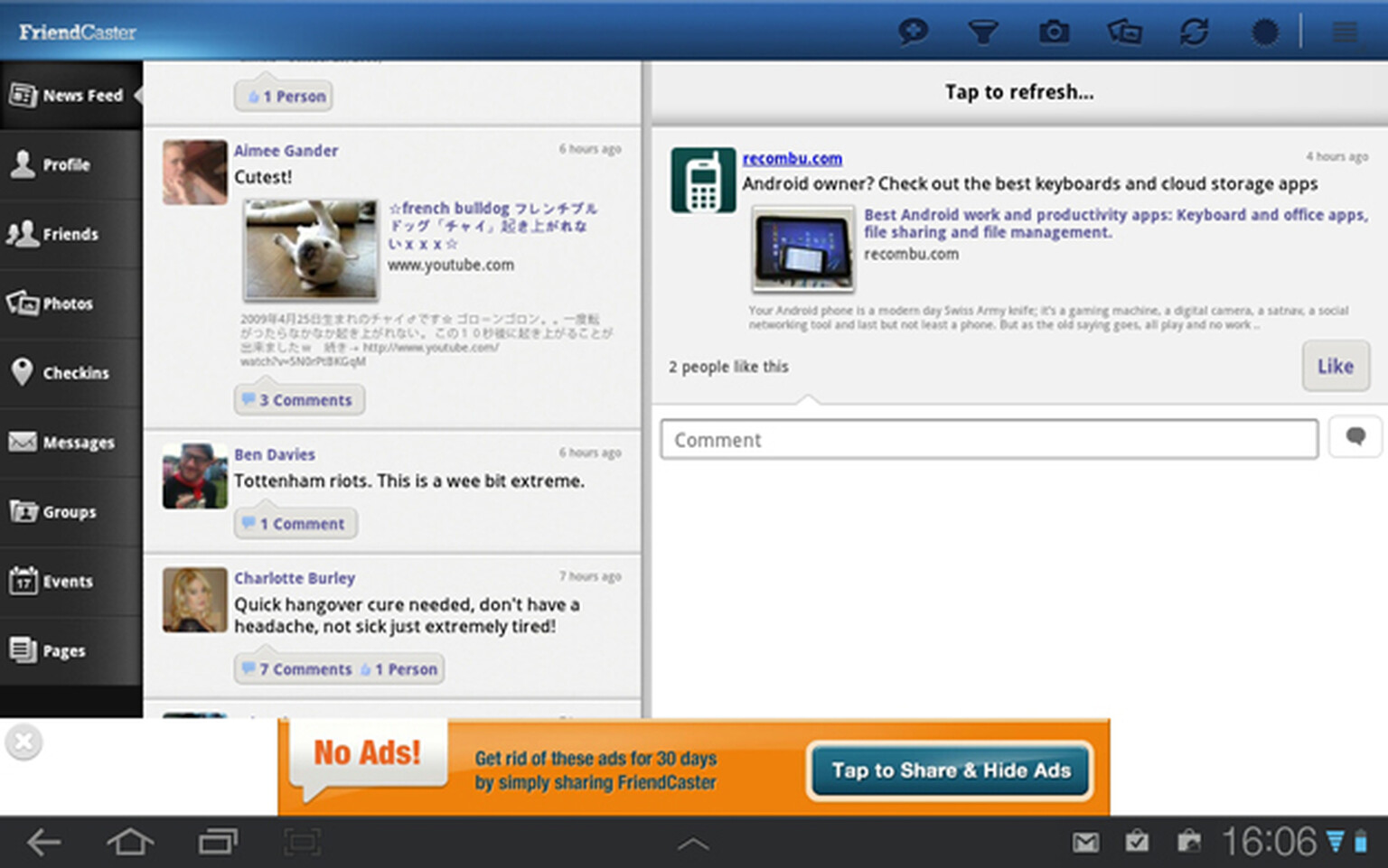 Friendcaster Tab for Android: Facebook for Honeycomb tablets