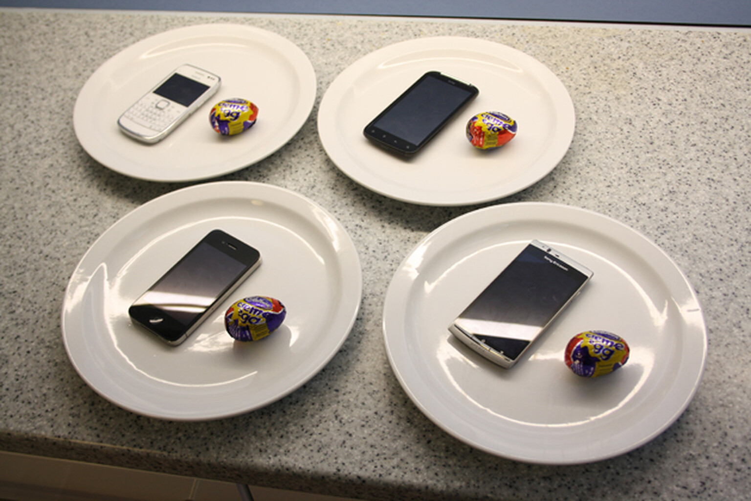Cadbury’s Creme Eggs microwaved, recorded by HTC Sensation, iPhone 4, Sony Ericcson Xperia Arc and Nokia E6