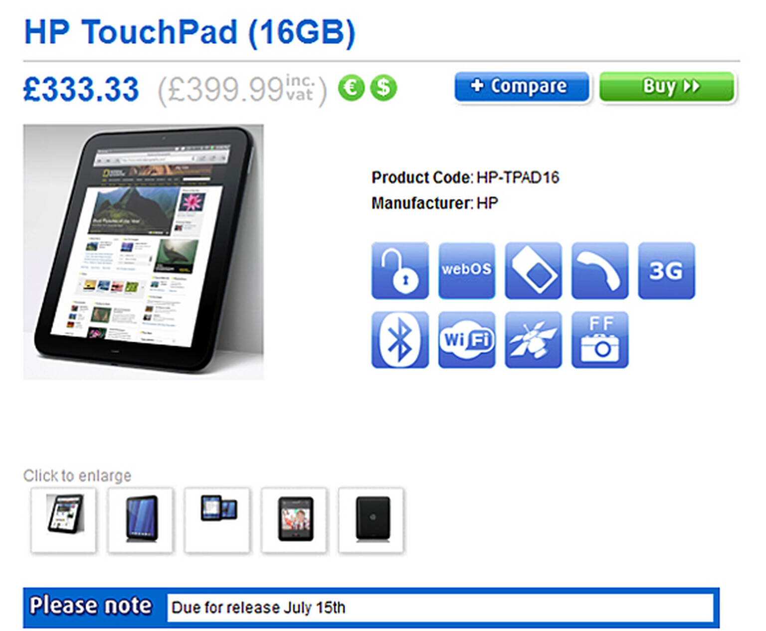 HP TouchPad available to pre-order now at Clove: Arriving 15th of July, £400 for 16GB, £480 for 32GB
