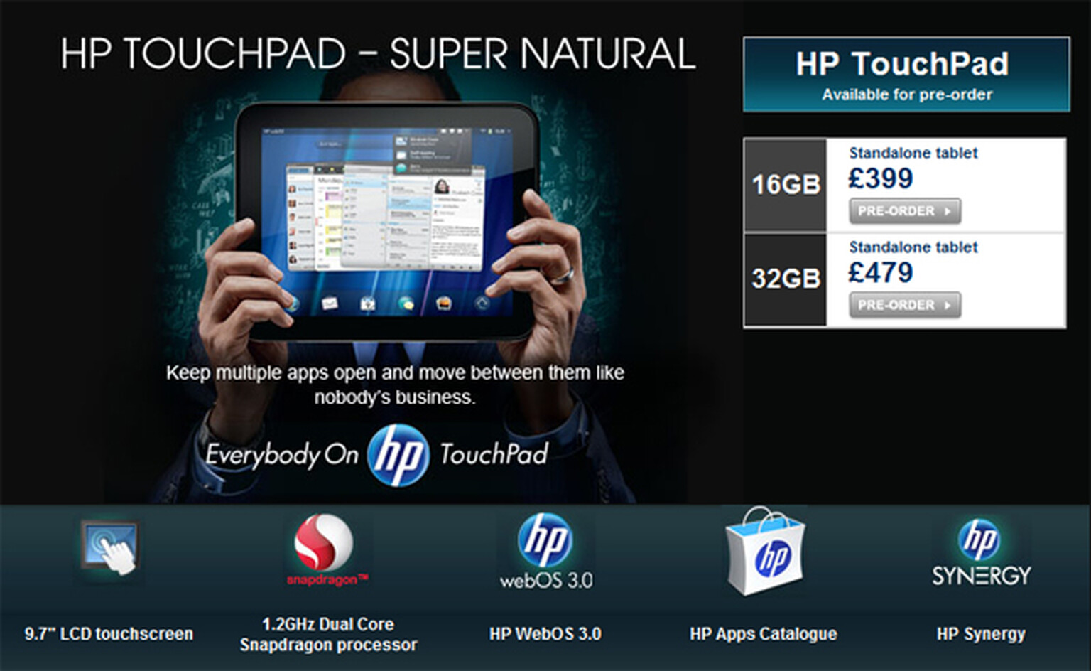 Carphone Warehouse HP Wi-Fi only TouchPad up for pre-ordering: £399 for 16GB, £479 for 32GB, ETA mid July