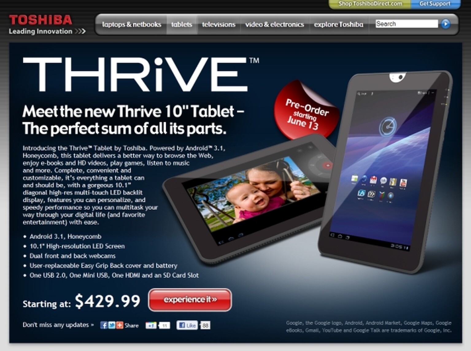 Toshiba Honeycomb tablet available for pre-order in US:  cheaper than iPad 2