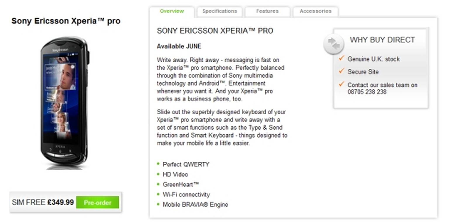 Sony Ericsson Xperia Pro: Available on pre-order, release date June, £349.99