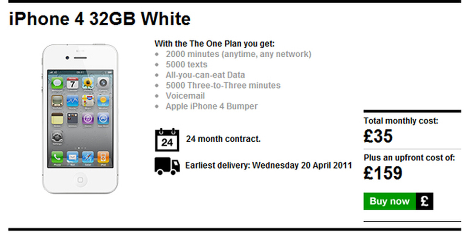 Updated: Three UK is actually, really selling the white iPhone 4: £159 on £35 a month for 24 months