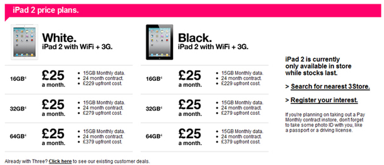 Three announced iPad 2 prices, £199 for 16GB for existing customers