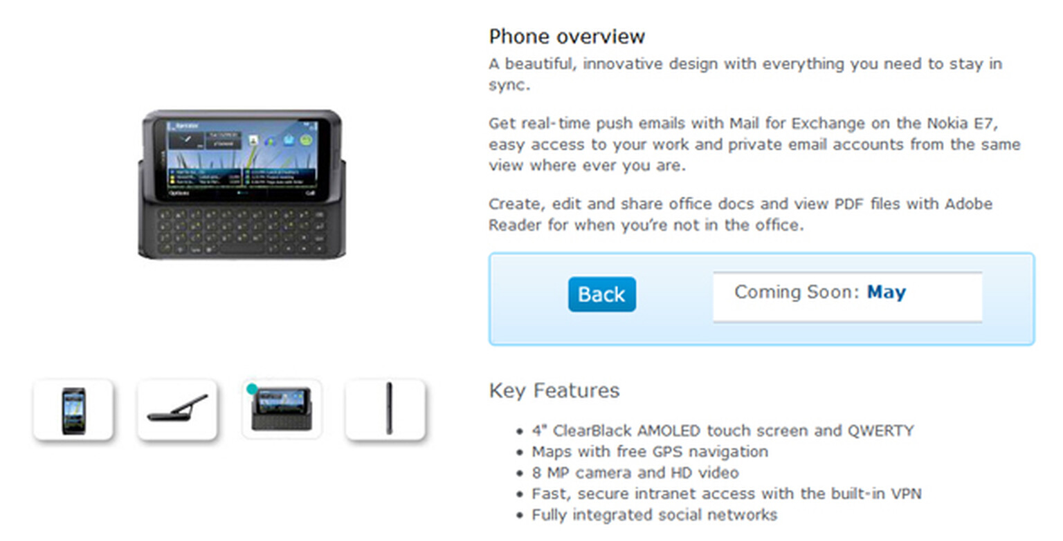 Nokia E7 apparates onto O2's Coming Soon page, ETA May 2011