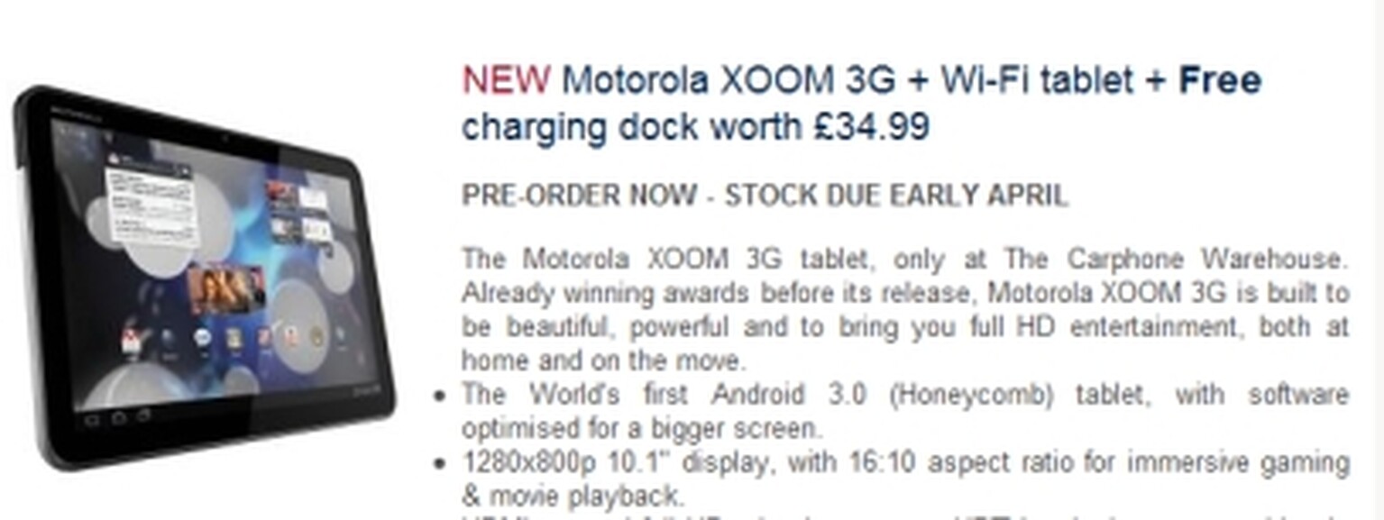 Motorola Xoom 3G price revealed: £599.99 exclusively at Carphone Warehouse.