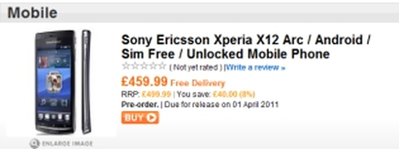 Sony Ericsson Xperia Arc: Available for preorder. Shipping April 1st?