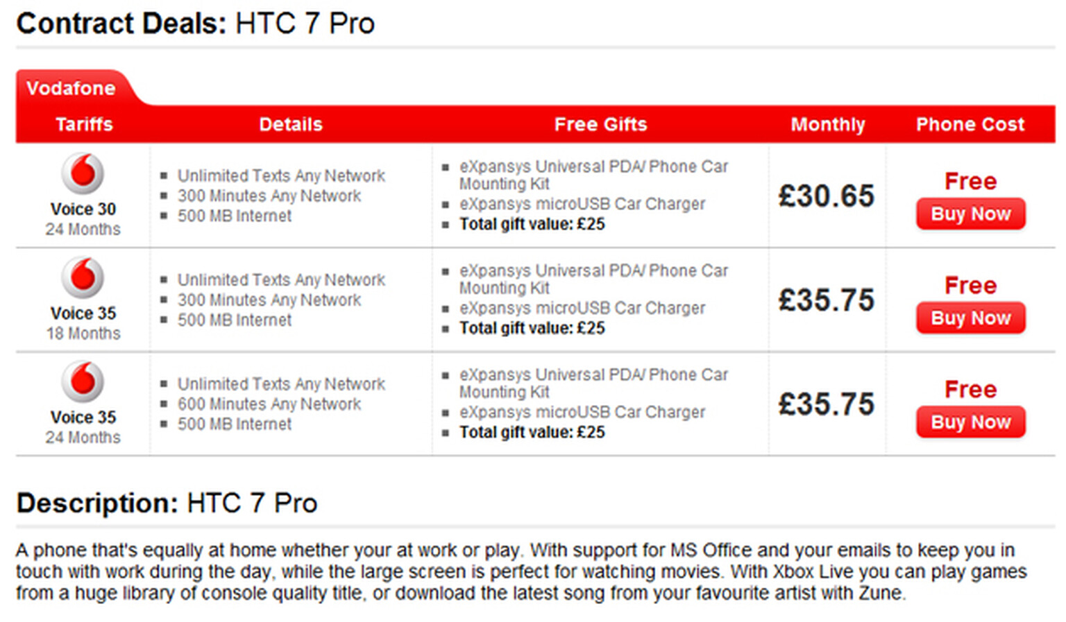 HTC 7 Pro free on £30.65 Vodafone contracts via Expansys