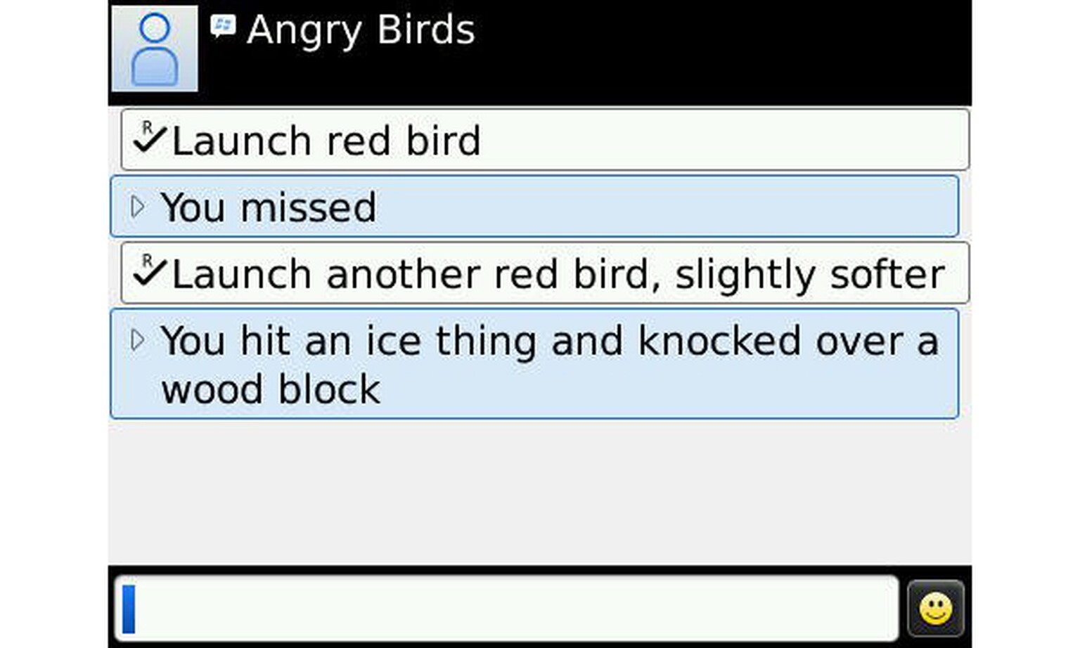 Angry Birds meets Zork on BlackBerry phones, kind of