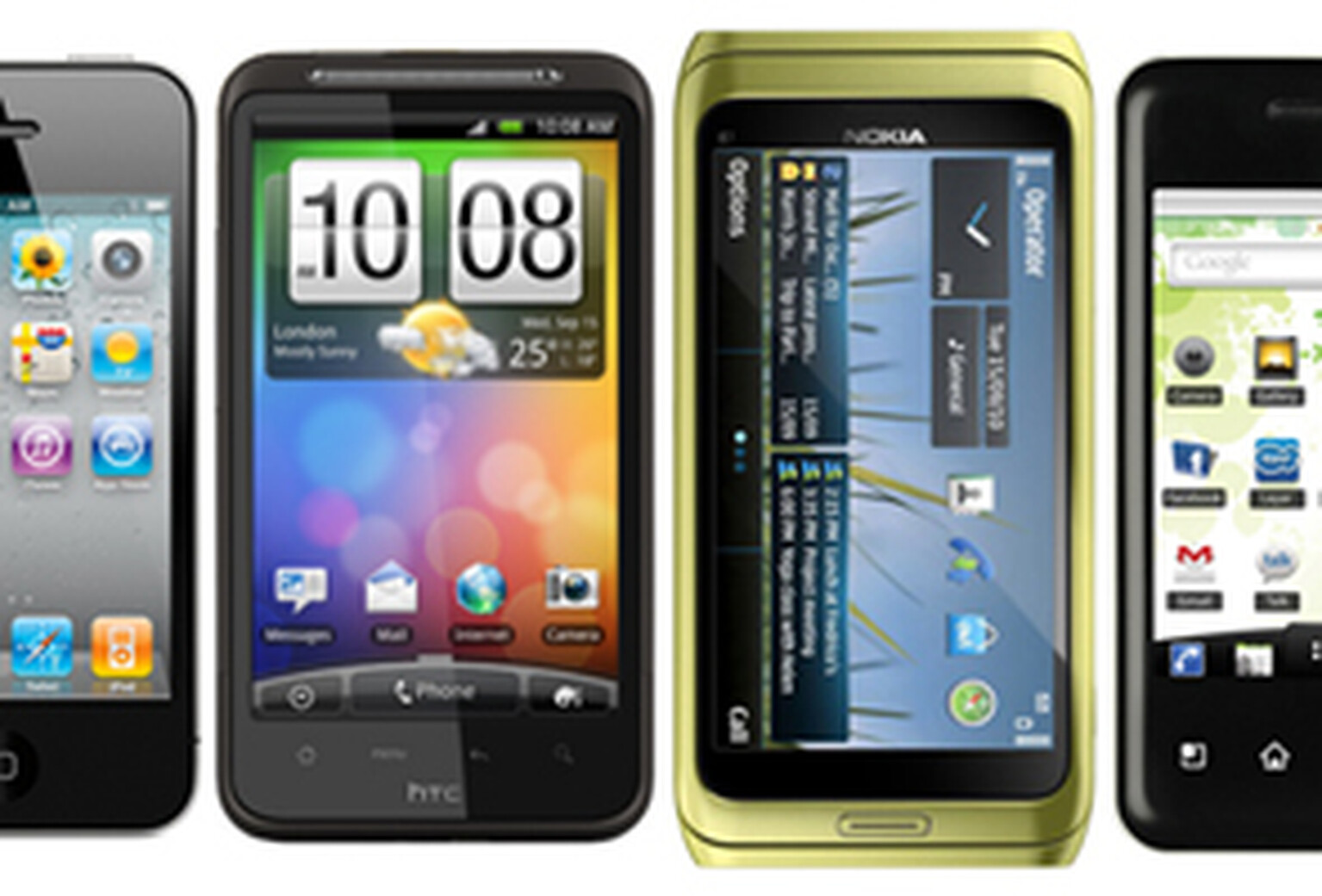 iPhone 4 vs HTC Desire HD vs Nokia E7 vs LG Optimus Chic