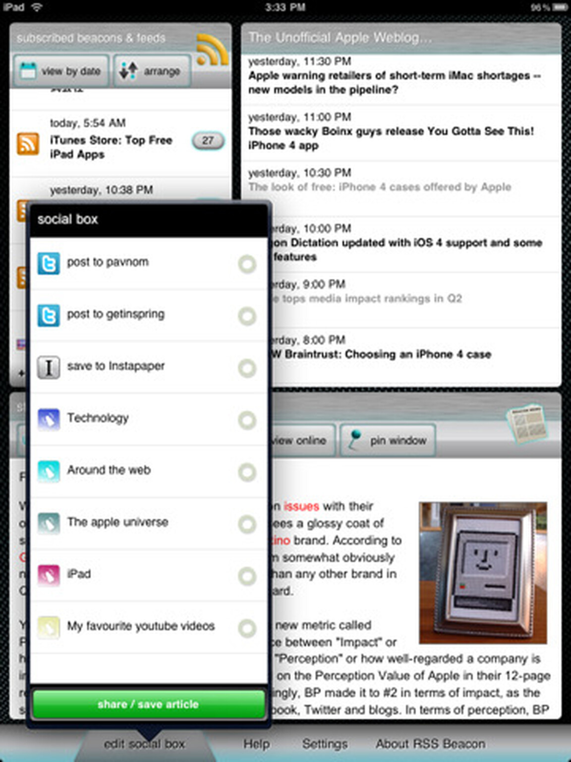 iPad's latest RSS reader is RSS Beacon HD