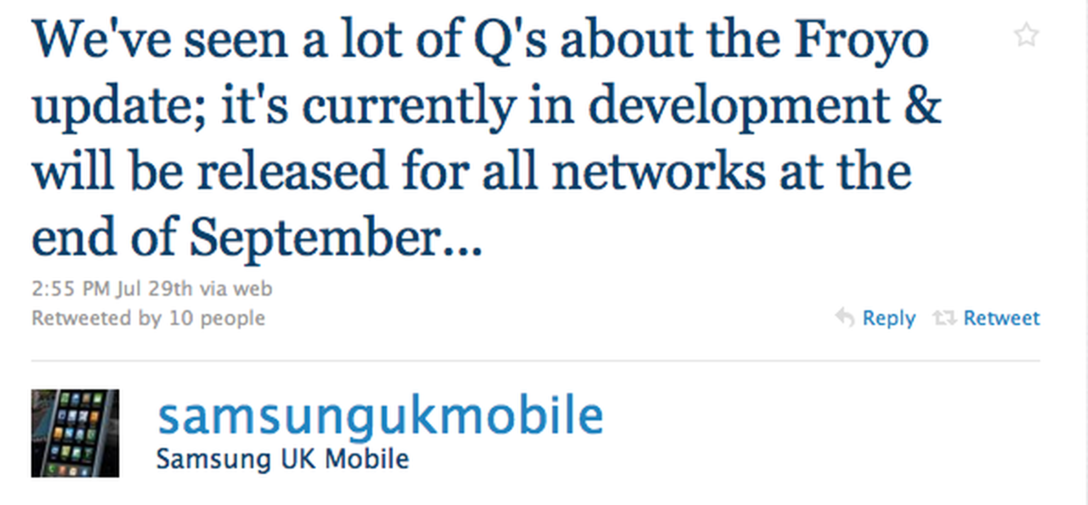 Samsung Galaxy S getting Android 2.2 (Froyo) in September