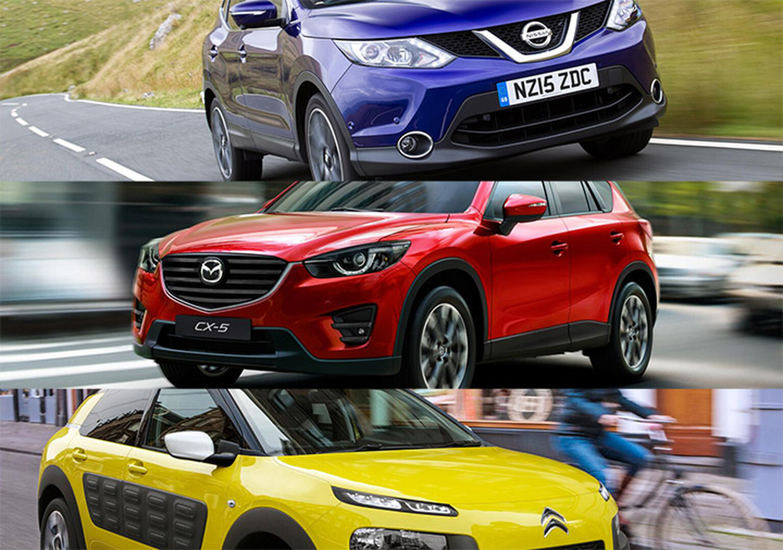 Nissan Qashqai vs Citroen C4 Cactus vs Mazda CX-5: Crossover showdown