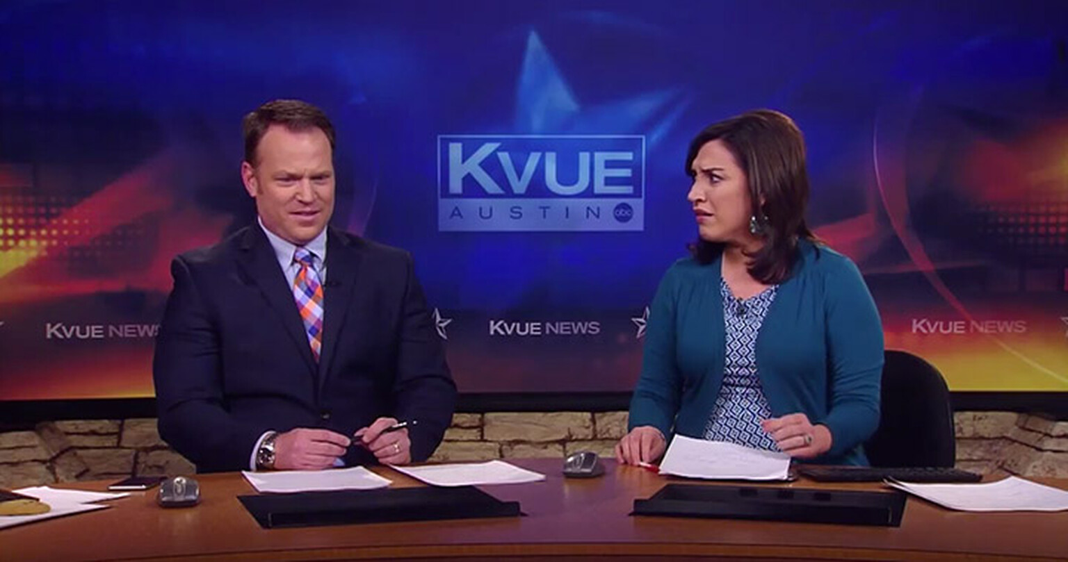 News presenters find out a flood victim is stuck in a tree live on air