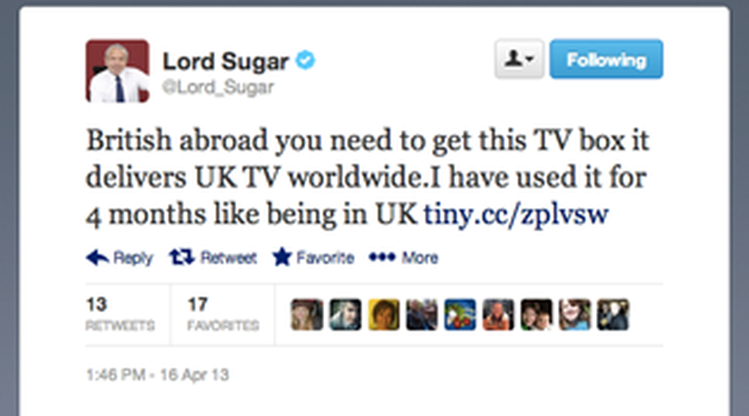 Is Lord Sugar promoting an illegal streaming site?