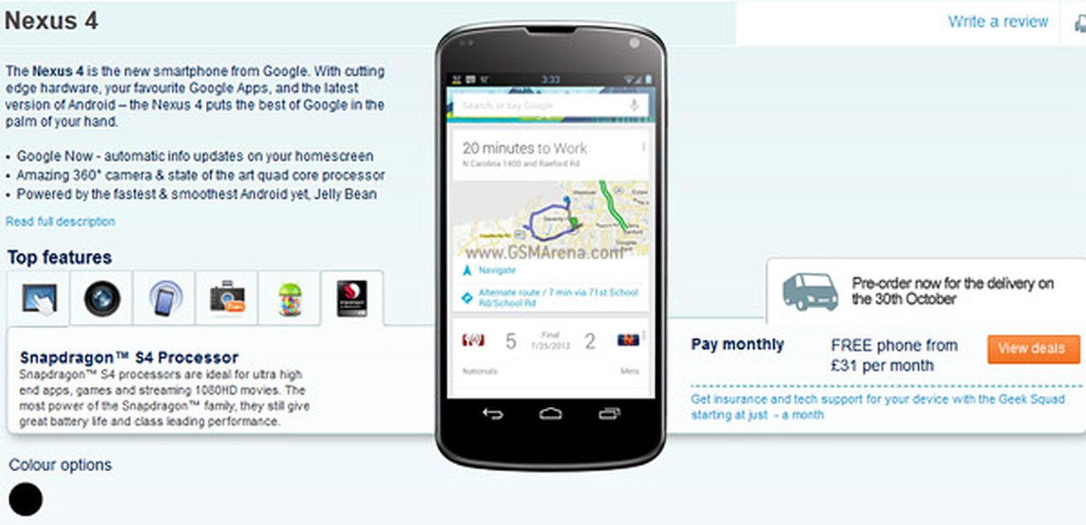 LG Nexus 4 pre-order pricing leaked early on Carphone Warehouse