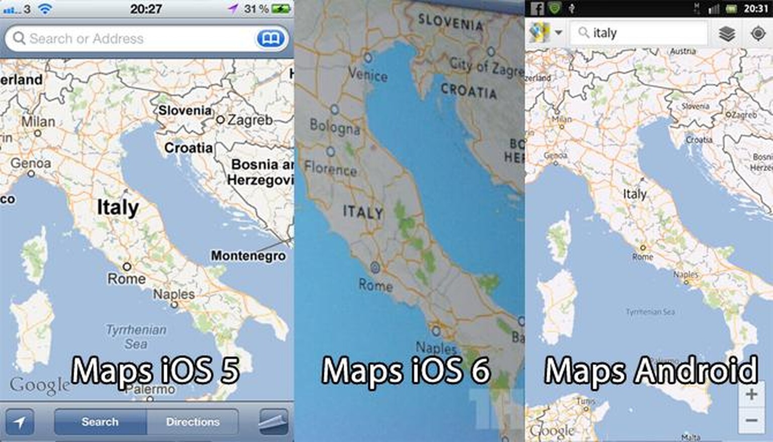 iOS 6 Maps vs Android Maps vs Google Maps for iOS