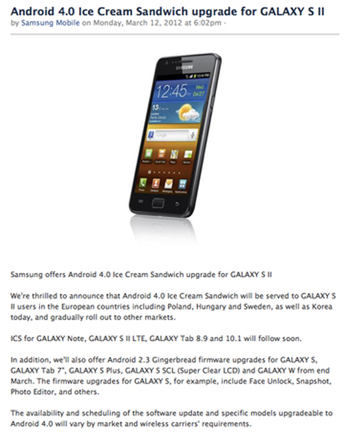 Samsung Galaxy S2 Android 4.0 Ice Cream Sandwich upgrade rolls out
