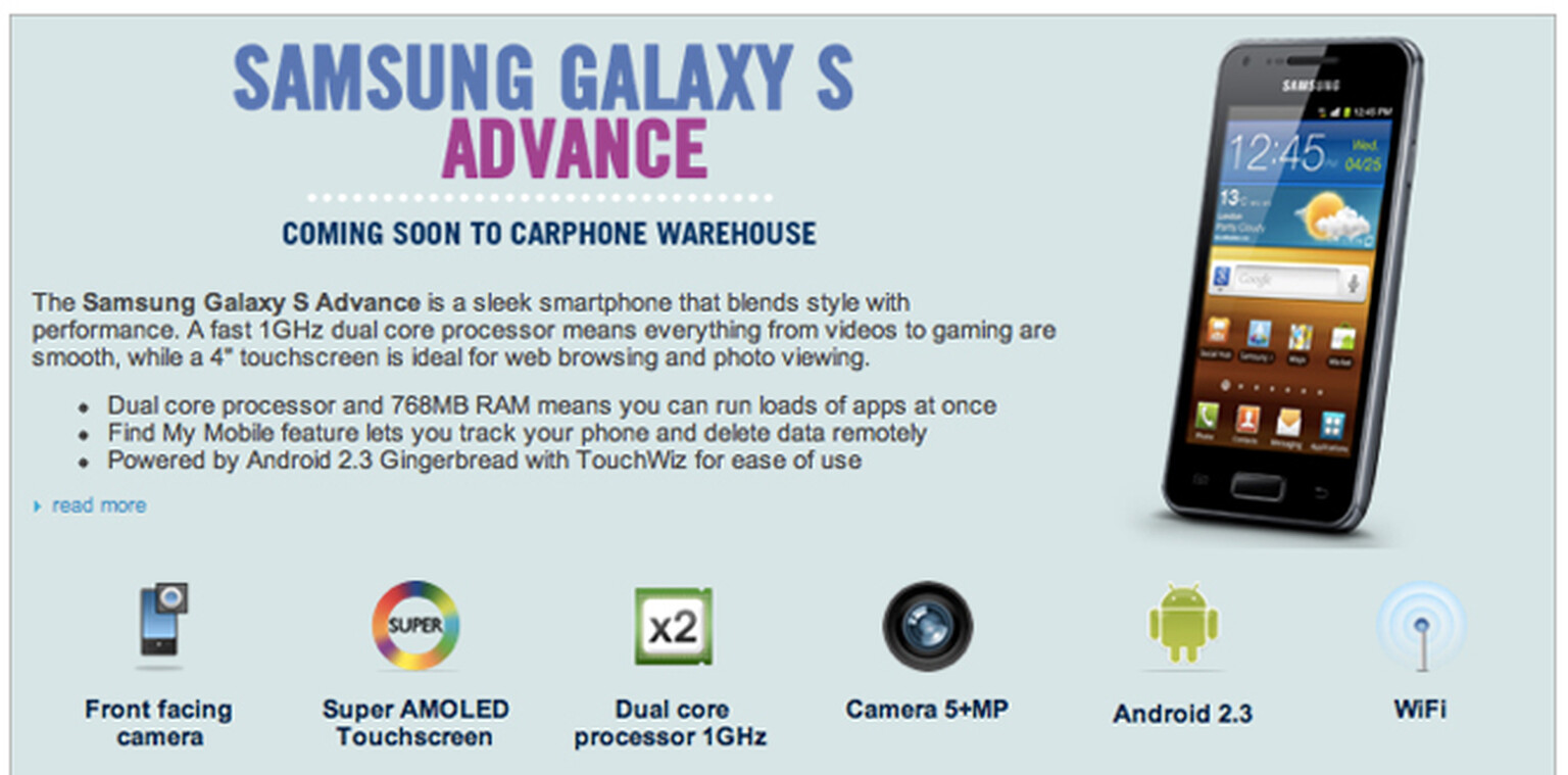 Samsung Galaxy S Advance price and Sony Xperia S price at Carphone Warehouse revealed