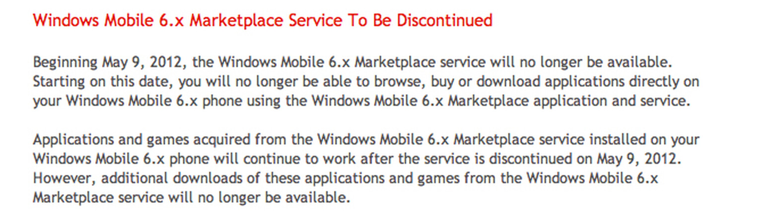 Windows Mobile 6.x Marketplace to be shut down