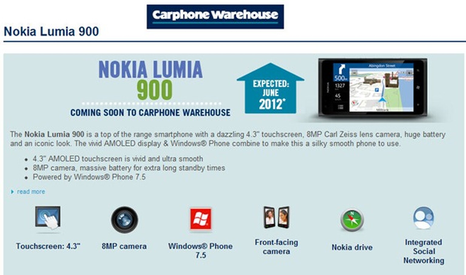 Carphone Warehouse: Nokia Lumia 900 due in June