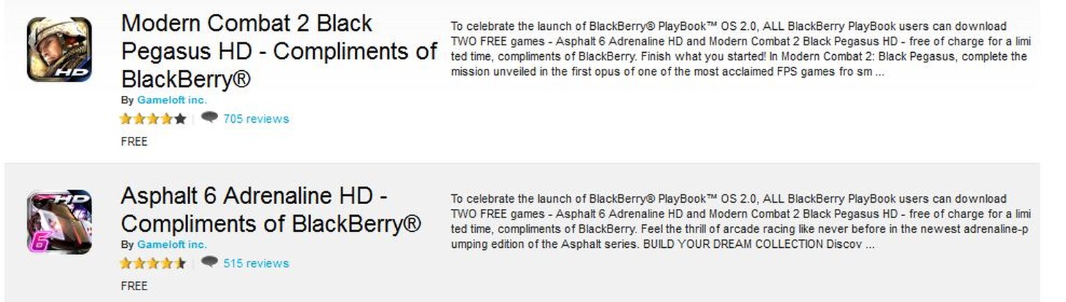 BlackBerry PlayBook: Two free Gameloft games