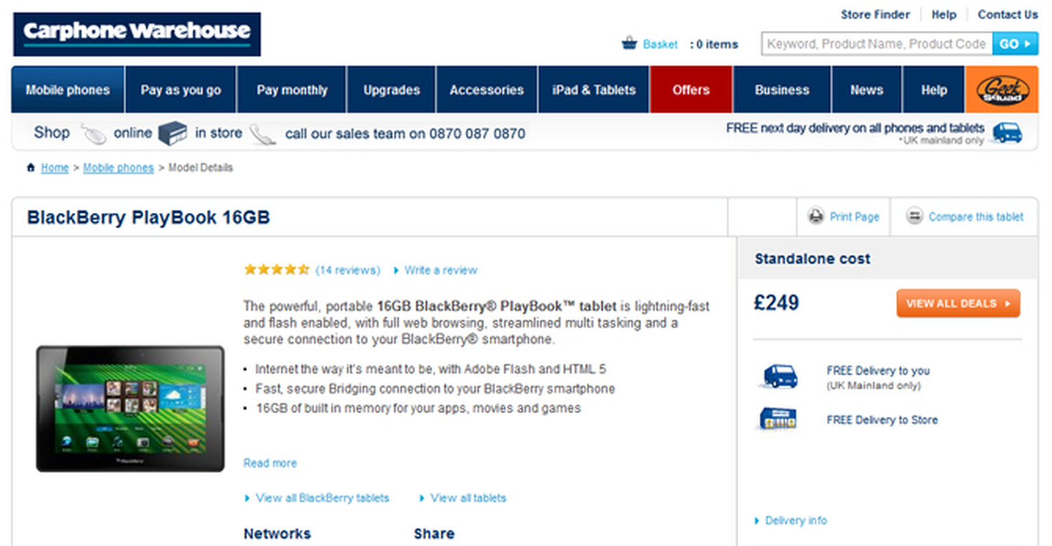 BlackBerry PlayBook UK prices creep up: Now £249 for 16GB edition