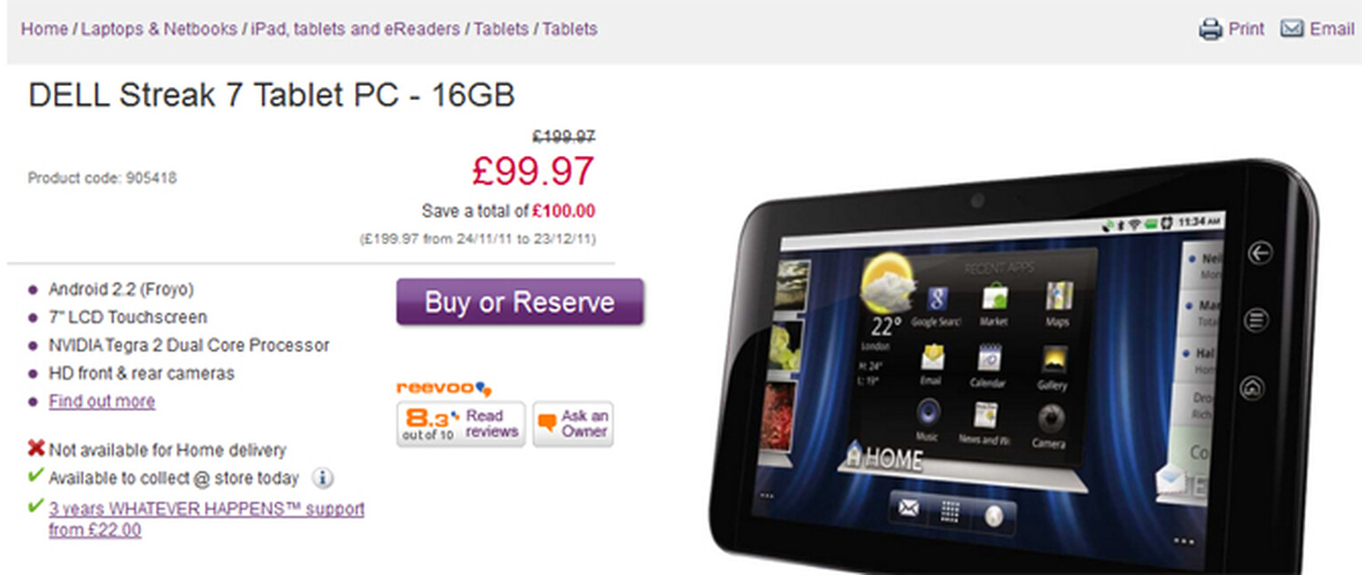 Dell Streak 7 now going for less than £100