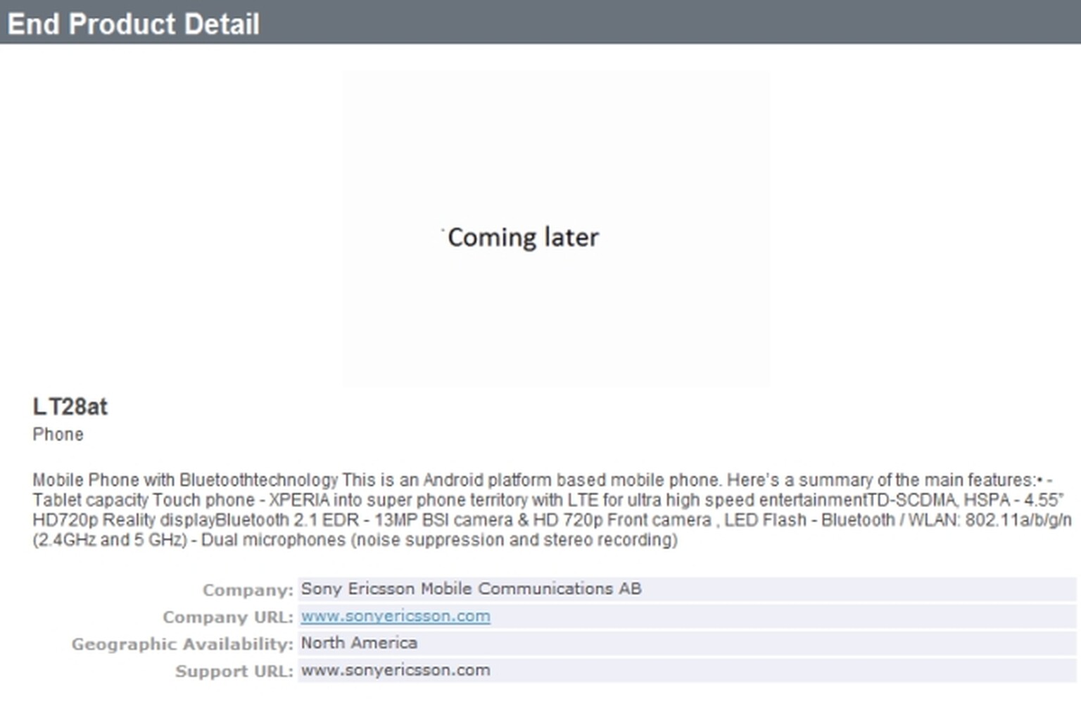 Sony Ericsson LT28at gets Bluetooth certified: 4.55-inch screen, LTE, 13-megapixel camera