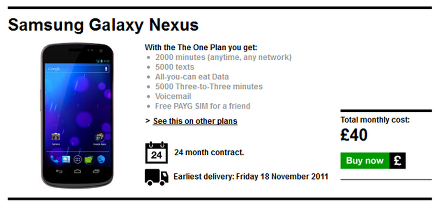 Samsung Galaxy Nexus available to pre-order now from Three