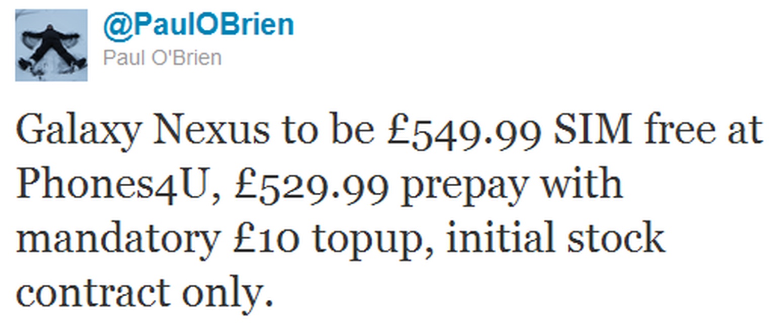 Samsung Galaxy Nexus pricing: £549.99 unlocked, £529.99 PAYG?
