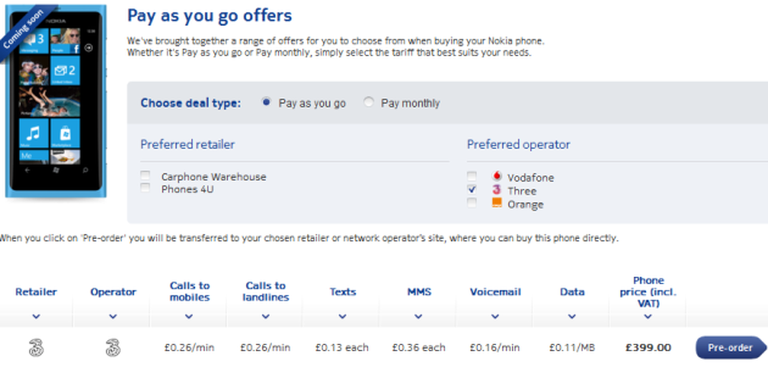 Three to offer Nokia Lumia 800 for £399 on Pay As You Go
