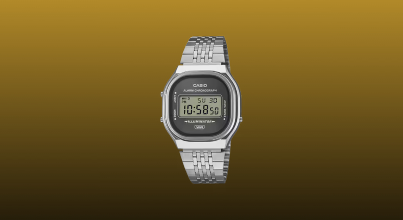 Black Casio A140 on a mustard to black gradient background