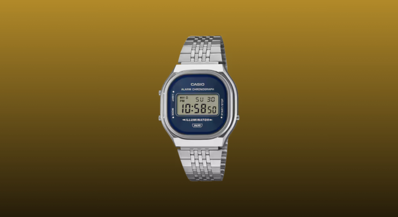 Blue Casio A140 on a mustard to black gradient background