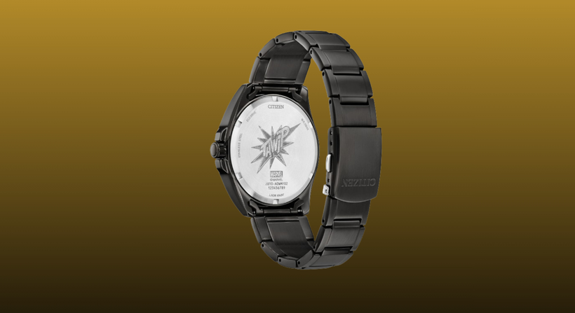 Citizen Spiderman Watch back on a mustard to black gradient background