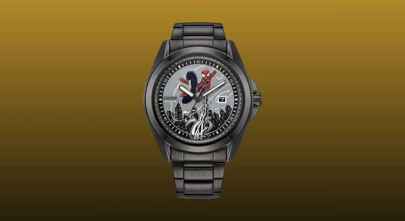 Citizen Spiderman Watch on a mustard to black gradient background