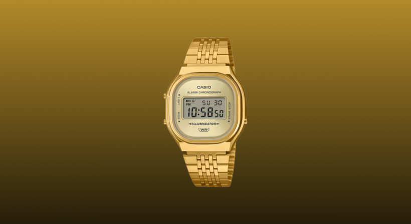 Gold Casio A140 on a mustard to black gradient background