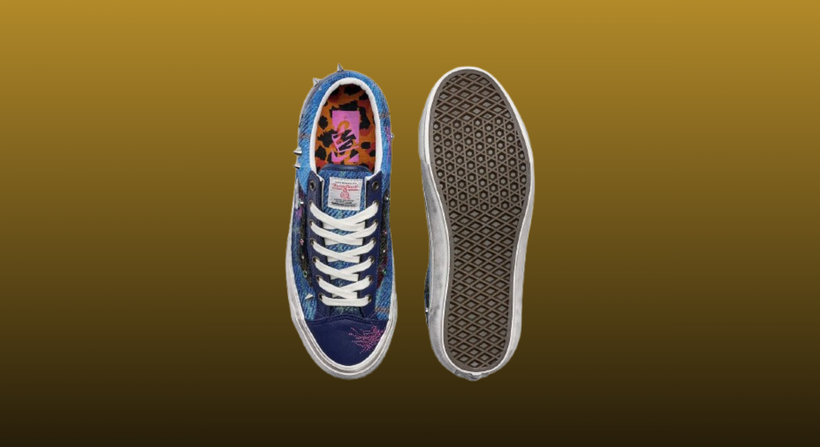 Vans X Harris Tweed Shoes on a mustard to black gradient background showing the top and sole of the shoe