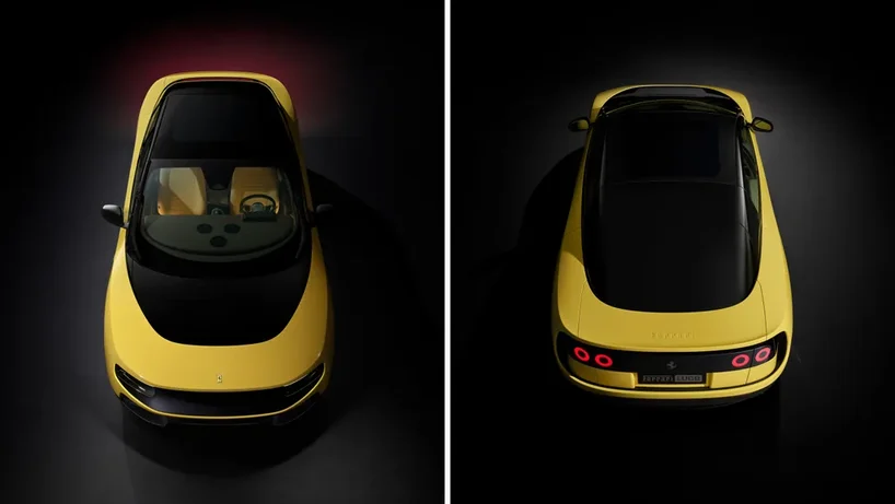 Front and back of a yellow Ferrari Luce